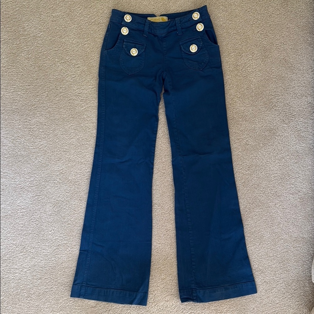 Indigo Blue Wide Leg Pants with white & gold buttons